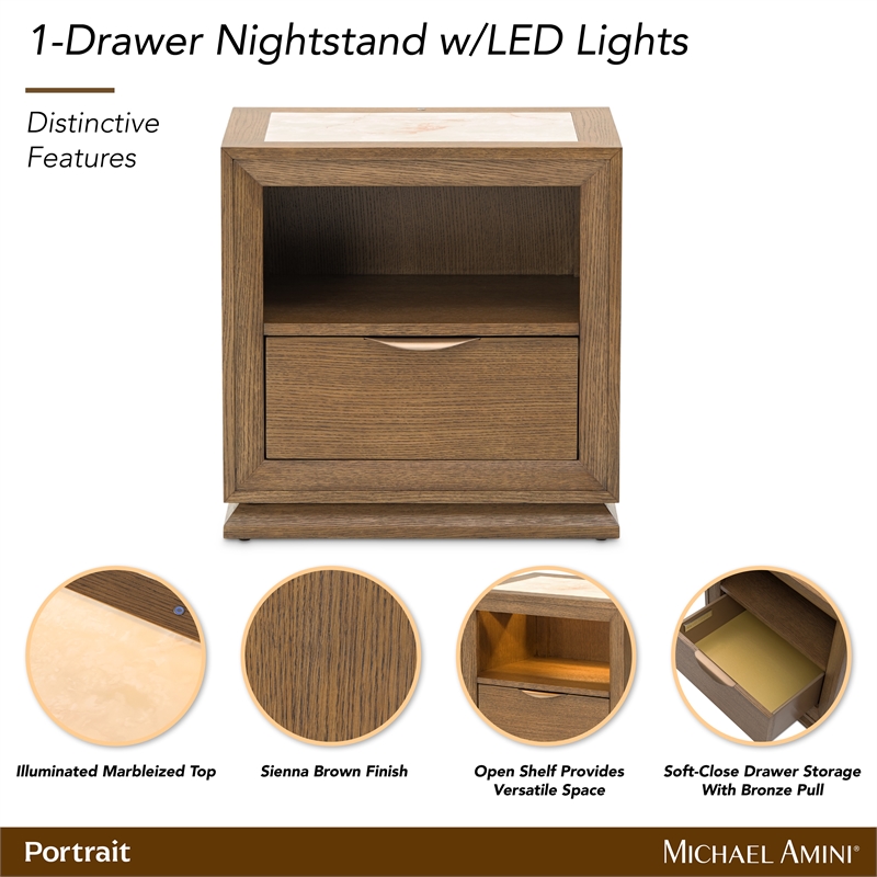 Portrait 1-Drawer Nightstand with LED Lights - Sienna Brown