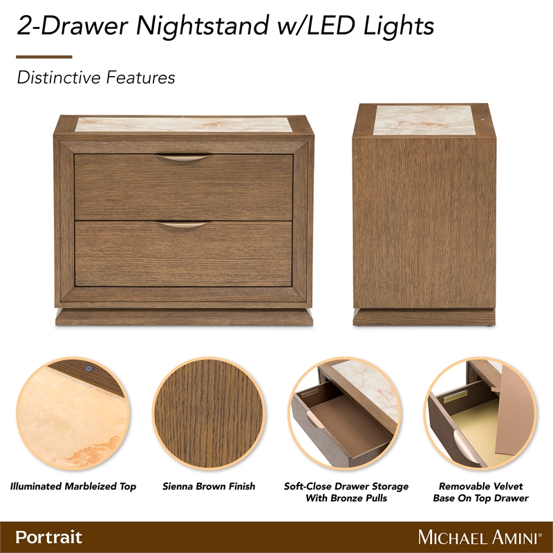 Portrait 2-Drawer Nightstand with LED Lights - Sienna Brown