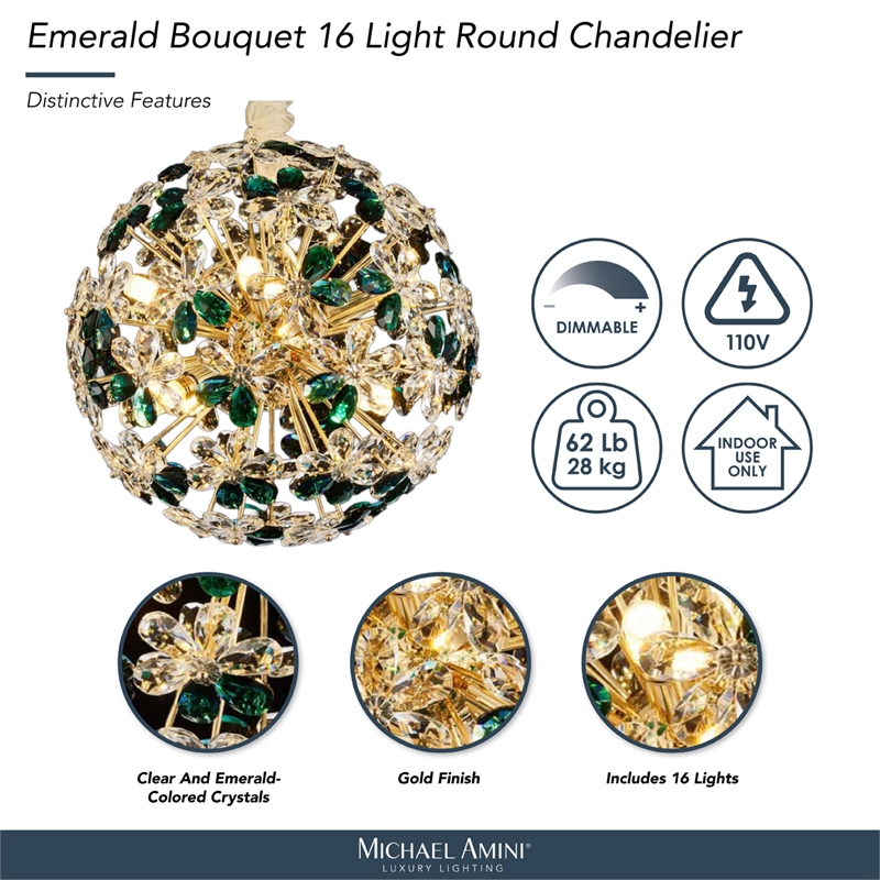 Emerald Bouquet 16-Light Round Crystal Chandelier - Gold