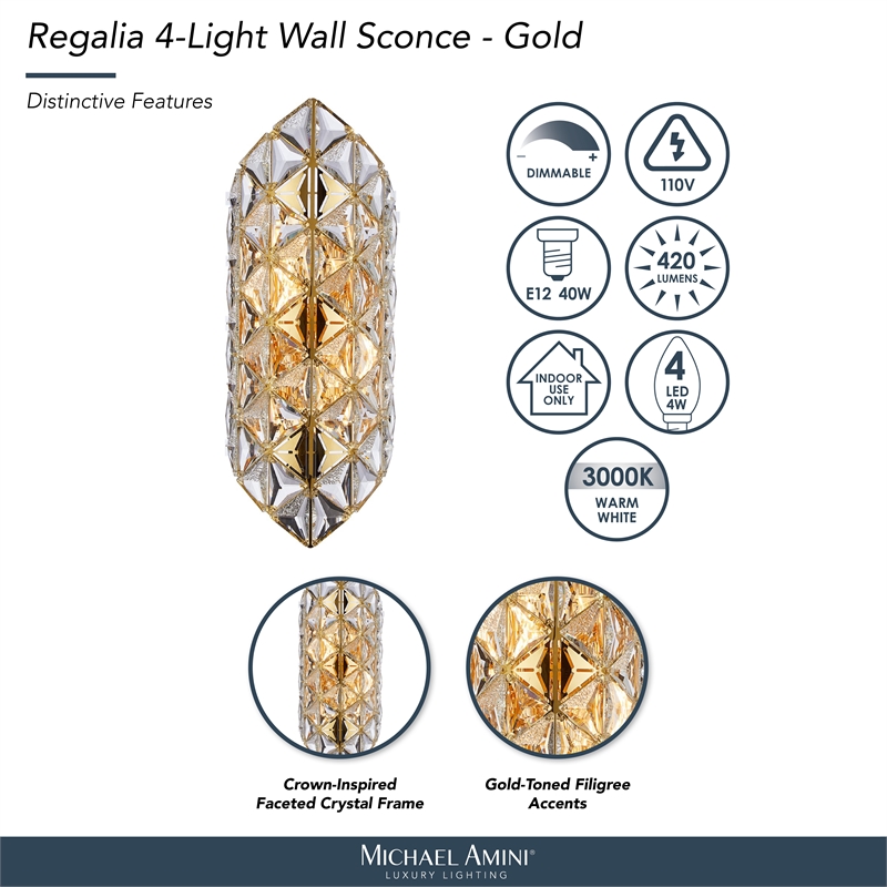 Regalia 4-Light Crystal Wall Sconce - Gold
