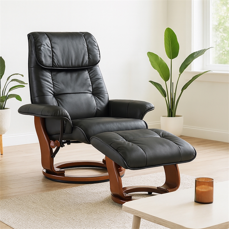 Clarita Leather Swivel Recliner with Matching Ottoman in Black