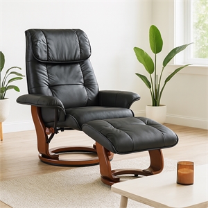 Clarita Leather Swivel Recliner with Matching Ottoman in Black