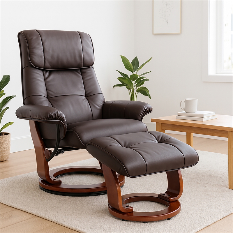 Clarita Leather Swivel Recliner with Matching Ottoman in Brown
