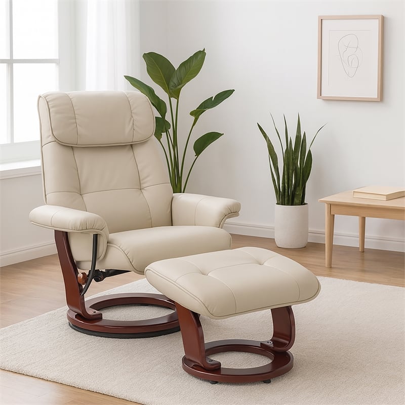 Clarita Leather Swivel Recliner with Matching Ottoman in Taupe