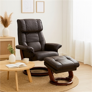 Alister Leather Swivel Recliner with Storage Ottoman in Brown