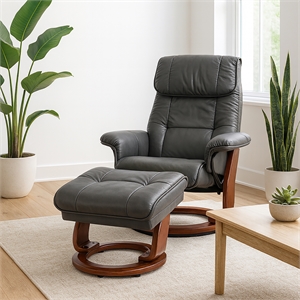 Alister Leather Swivel Recliner with Storage Ottoman in Gray