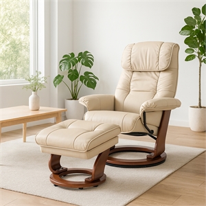 Alister Leather Swivel Recliner with Storage Ottoman in Taupe