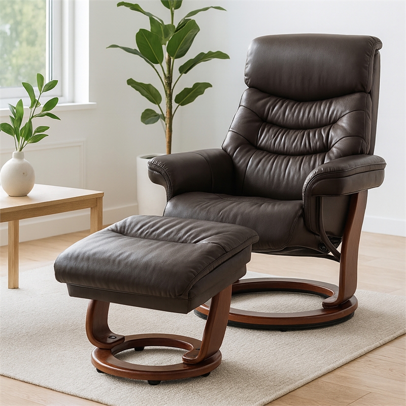 Callano Leather Swivel Recliner with Storage Ottoman in Brown