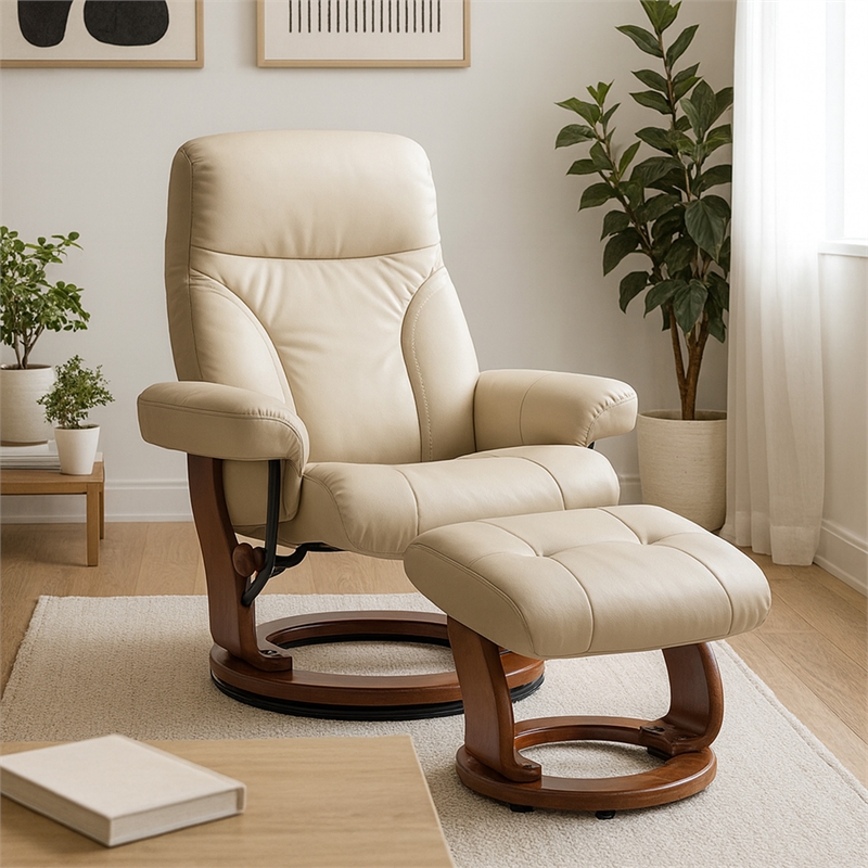 Cortina Leather Swivel Recliner with Matching Ottoman in Taupe
