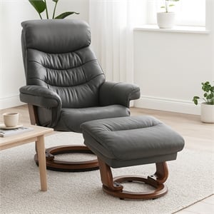 Callano Leather Swivel Recliner with Storage Ottoman in Grey