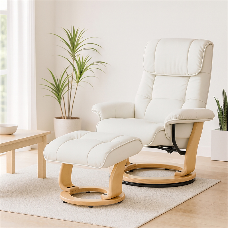 Muscat Leather Swivel Recliner with Matching Ottoman in White