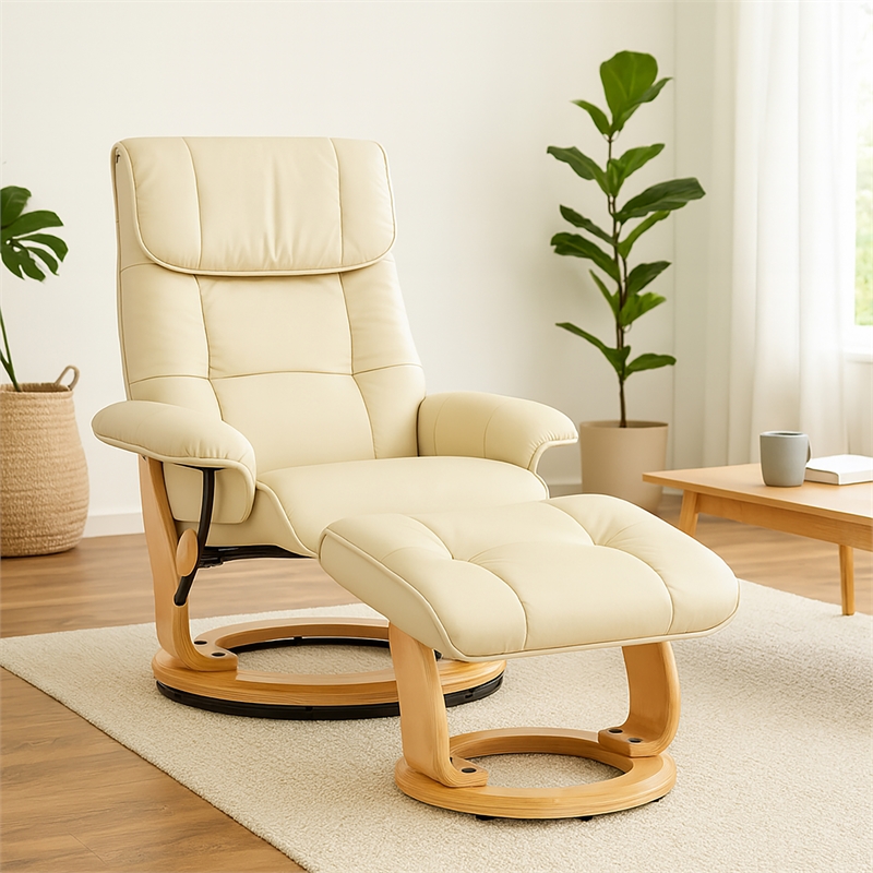 Muscat Leather Swivel Recliner with Matching Ottoman in Cream