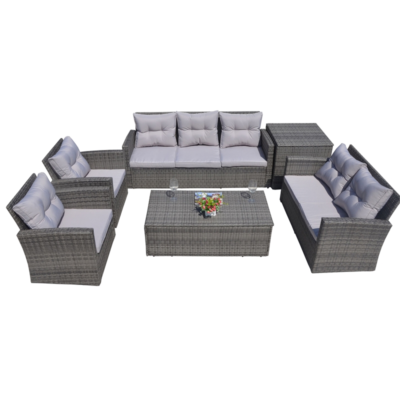 Direct Wicker Rattan Patio 6-Piece Conversation Sofa Sets in Gray with Cushions