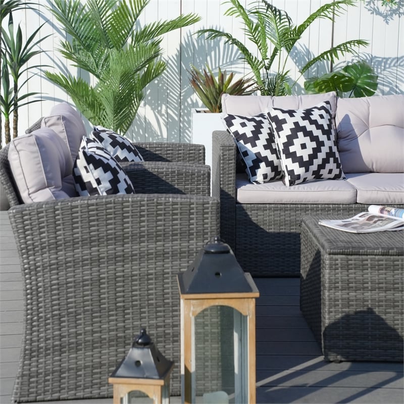 Direct Wicker Rattan Patio 6-Piece Conversation Sofa Sets in Gray with Cushions