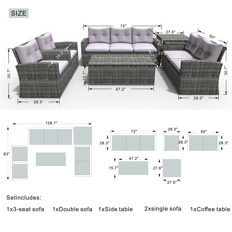 Direct Wicker Rattan Patio 6-Piece Conversation Sofa Sets in Gray with Cushions