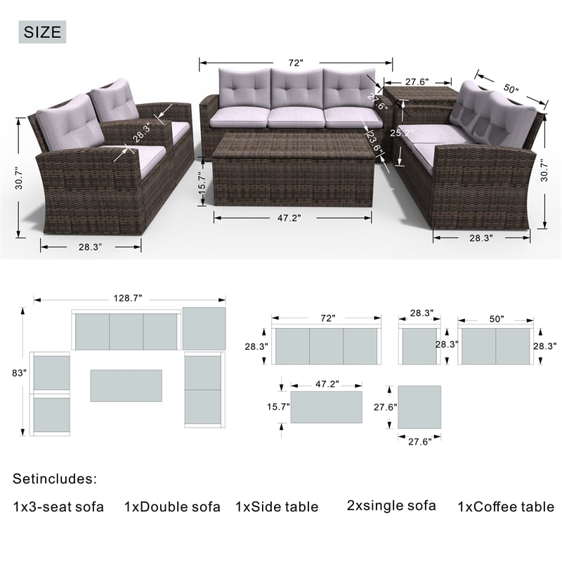 Direct Wicker Rattan Patio 6-Piece Conversation Sofa Sets in Brown with Cushions