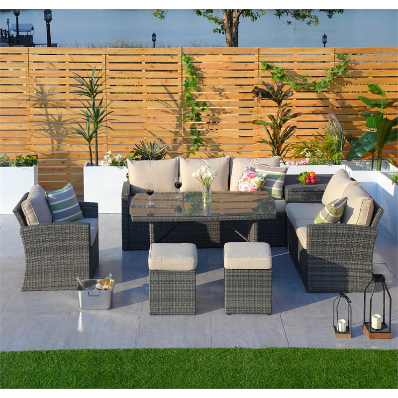 Direct Wicker 7-Piece Gray Rattan Patio Conversational Sofa Set with Cushion