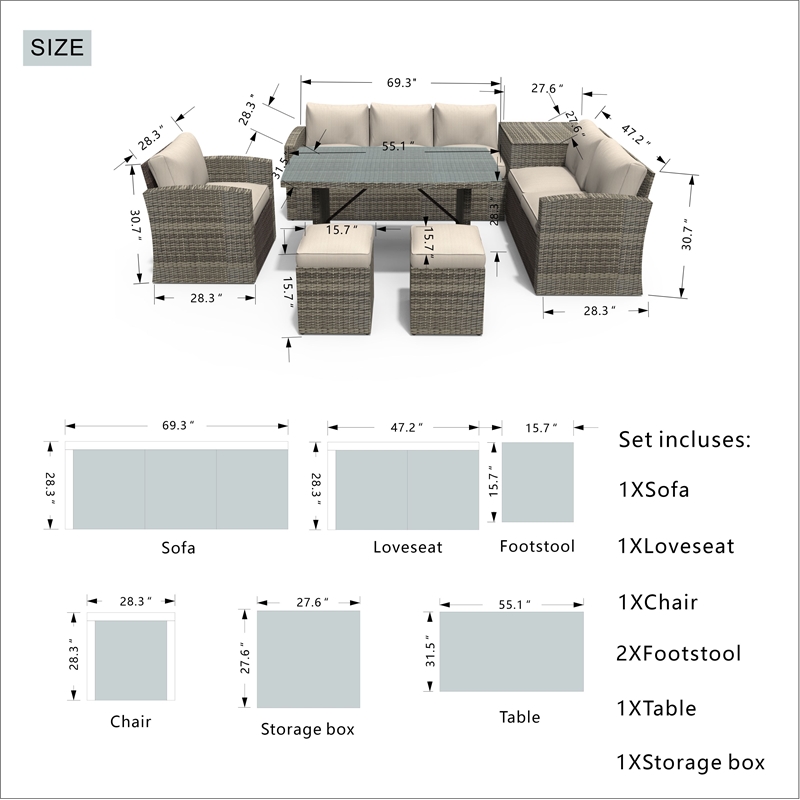 Direct Wicker 7-Piece Gray Rattan Patio Conversational Sofa Set with Cushion