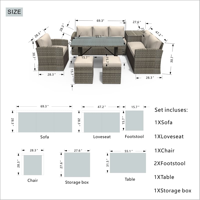 Direct Wicker 7-Piece Brown Rattan Patio Conversational Sofa Set with Cushion