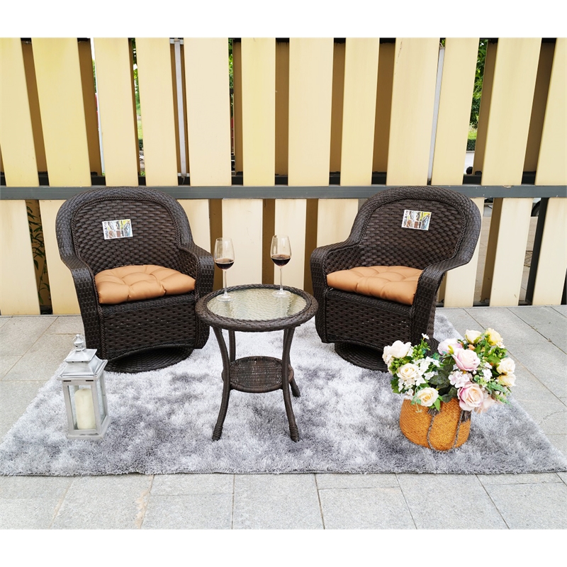 Direct Wicker 3PC Rattan Patio Bistro Set in Dark Brown with Brown Cushions