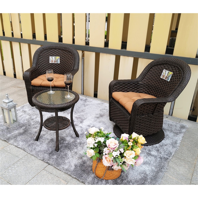 Direct Wicker 3PC Rattan Patio Bistro Set in Dark Brown with Brown Cushions