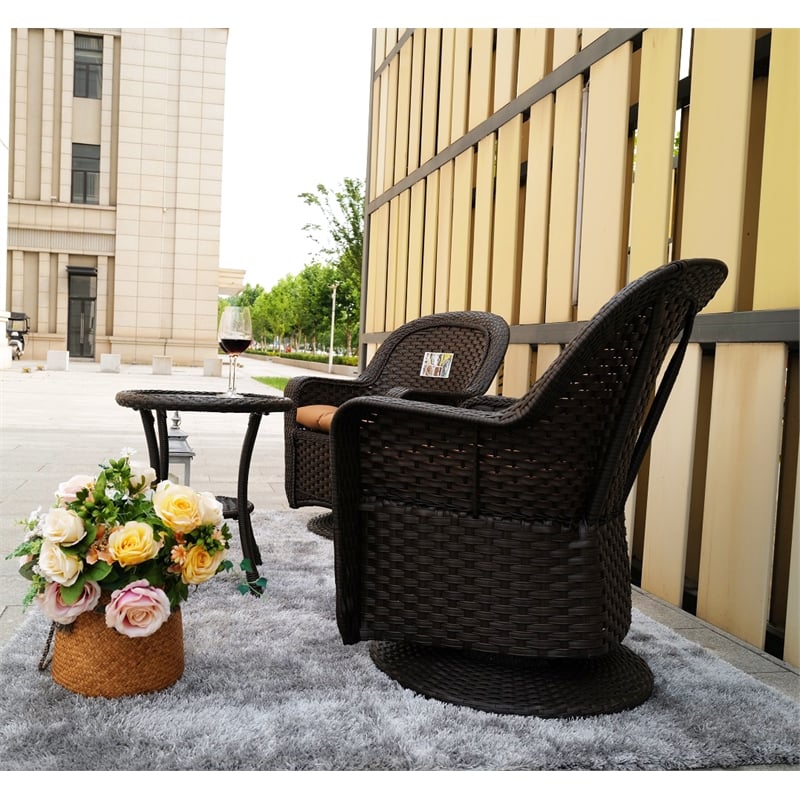 Direct Wicker 3PC Rattan Patio Bistro Set in Dark Brown with Brown Cushions