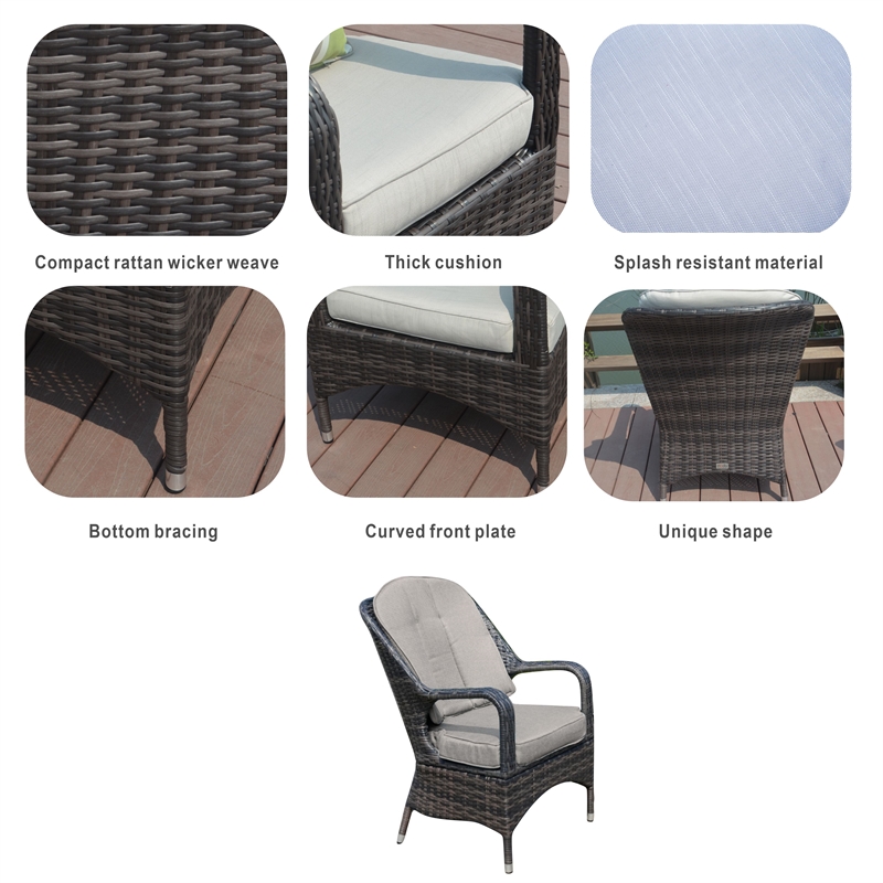 Direct Wicker Patio Furniture Rattan Dining Chairs in Gray with Cushions- 2 Pack