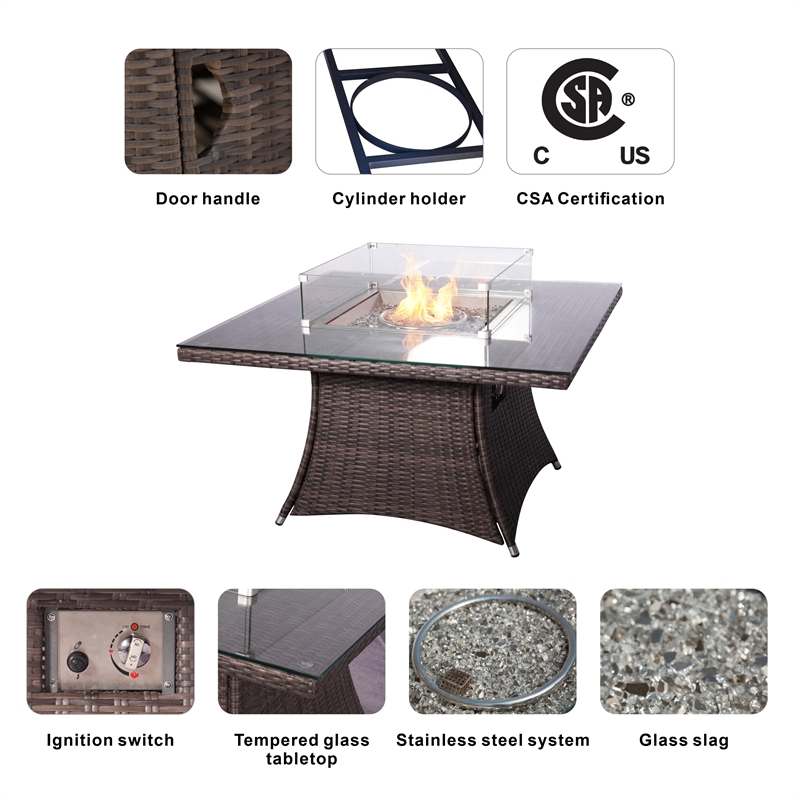 Direct Wicker Brown Rattan 4 Seat Square Gas Fire Pit Set with Dining Chairs