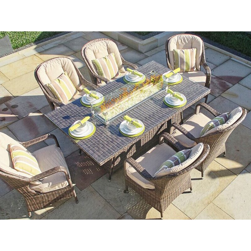 Brown Aluminum Rectangular Fire Pit Dining Table with Tempered Glass