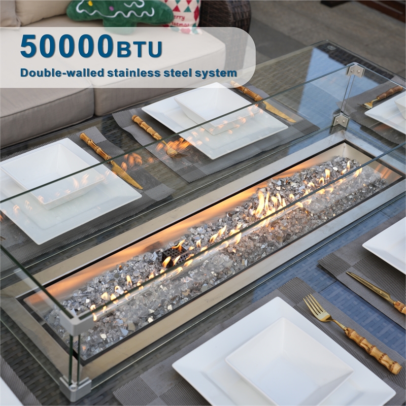 Direct Wicker Brown Aluminum Fire Pit Dining Table with Tempered Glass