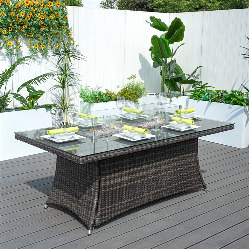 Direct Wicker Brown Aluminum Fire Pit Dining Table with Tempered Glass