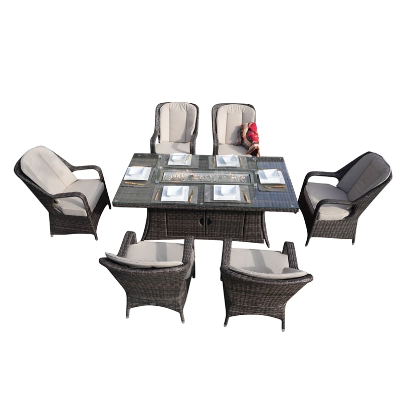 Direct Wicker Brown Rattan 6 Seat Gas Fire Pit Dining Set with Armchair