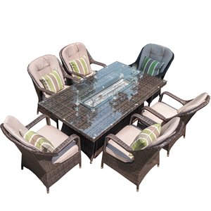 direct wicker 6 seat rectangle gas fire pit dining table w/ eton chair in brown