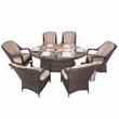 Brown Rattan 6 Seat Patio Furniture Oval Fire Pit Dining Table with Chairs