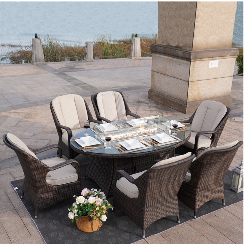 Brown Rattan 6 Seat Patio Furniture Oval Fire Pit Dining Table with Chairs