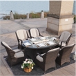 Brown Rattan 6 Seat Patio Furniture Oval Fire Pit Dining Table with Chairs
