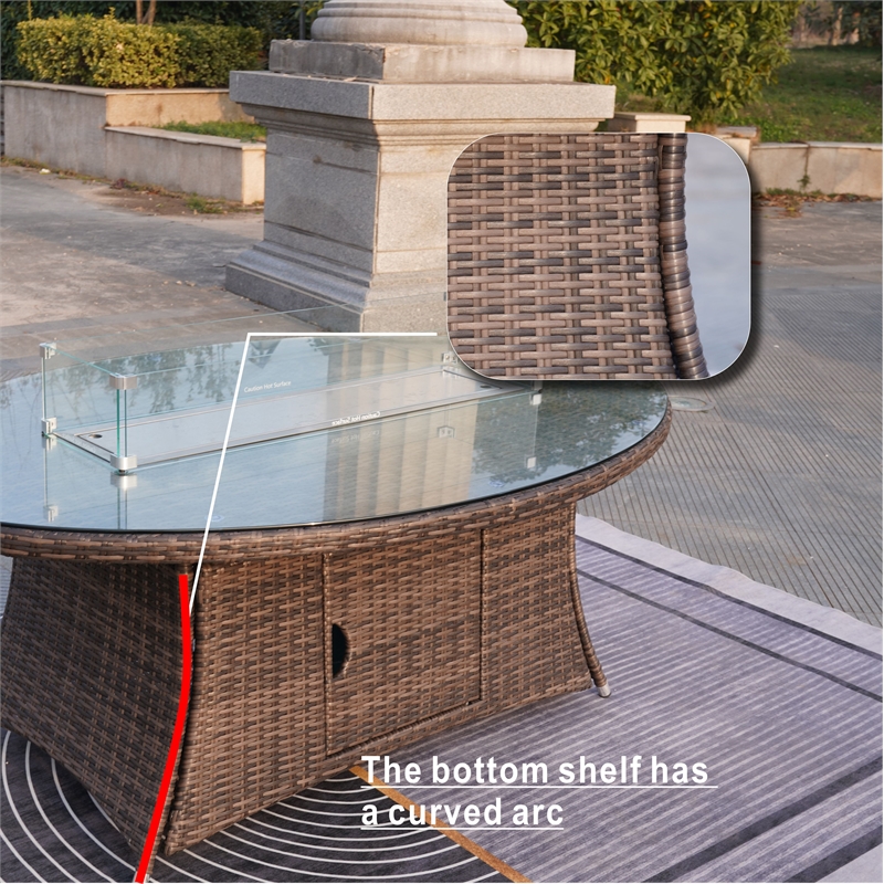 Brown Rattan 6 Seat Patio Furniture Oval Fire Pit Dining Table with Chairs