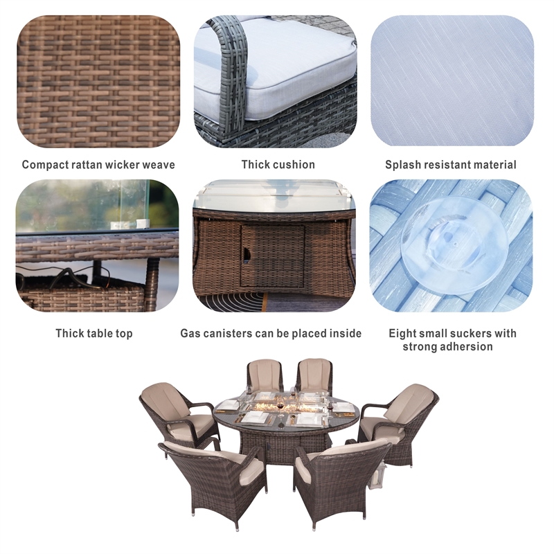 Brown Rattan 6 Seat Patio Furniture Oval Fire Pit Dining Table with Chairs