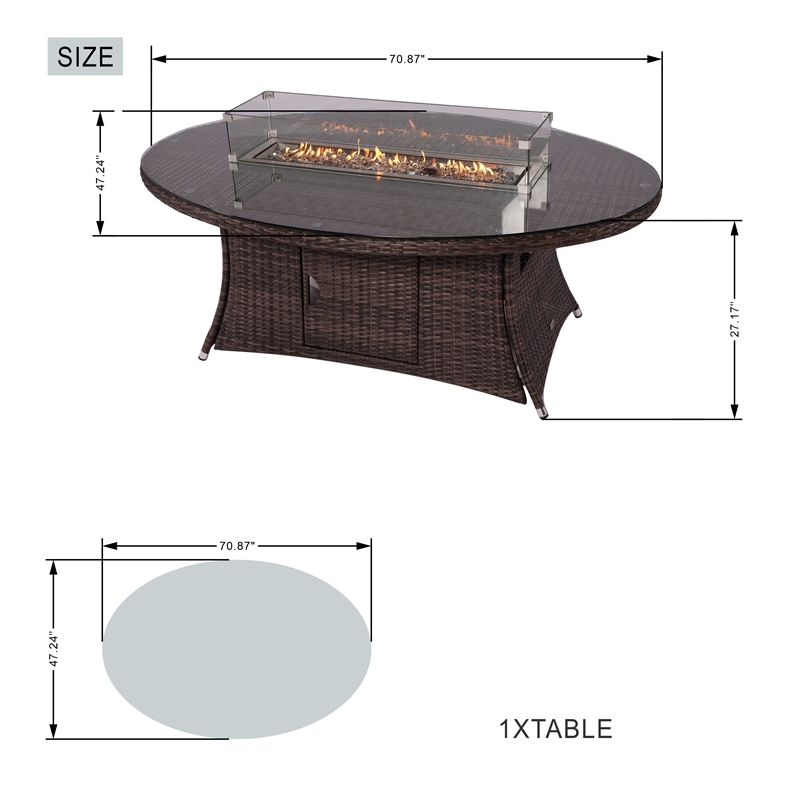 Brown Rattan 6 Seat Patio Furniture Oval Fire Pit Dining Table with Chairs