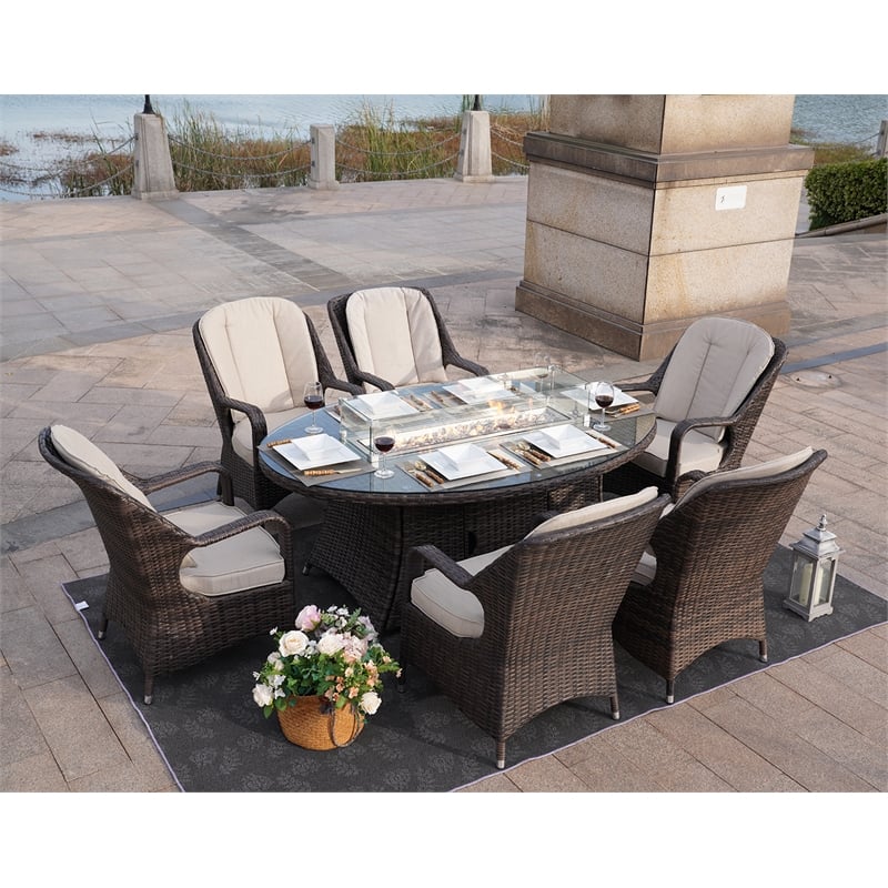 Brown Rattan Outdoor Gas Fire Pit Table Patio Dining Table with Wind Guard
