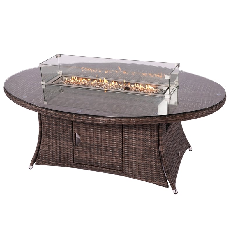 Brown Rattan Outdoor Gas Fire Pit Table Patio Dining Table with Wind Guard