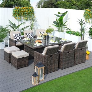 11-Pieces Brown Rattan Outdoor Dining Table with Beige Cushions