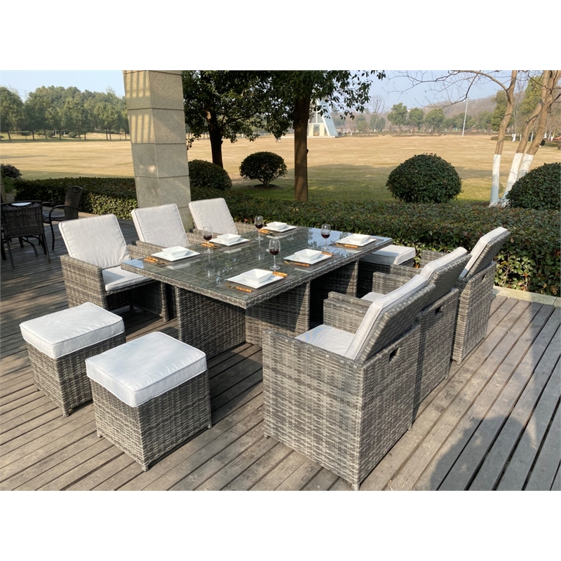 Gray Rattan 11-Pieces Patio Furniture and Outdoor Dining Table with Cushions