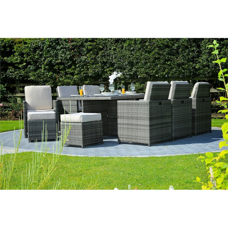 Gray Rattan 11-Pieces Patio Furniture and Outdoor Dining Table with Cushions