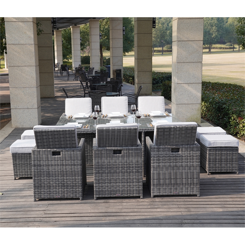 Gray Rattan 11-Pieces Patio Furniture and Outdoor Dining Table with Cushions