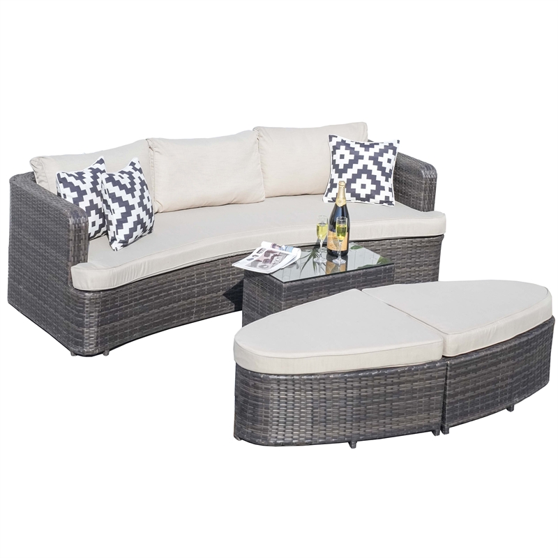 Direct Wicker Brown Rattan Deep Seating Group Sunbed Daybed Set with Cushion