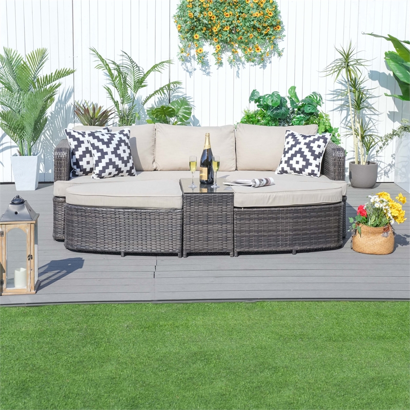Direct Wicker Brown Rattan Deep Seating Group Sunbed Daybed Set with Cushion