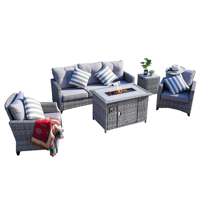 Direct Wicker 5-Piece Gray Rattan Patio Sofa Set Fire Pit Table with Cushions