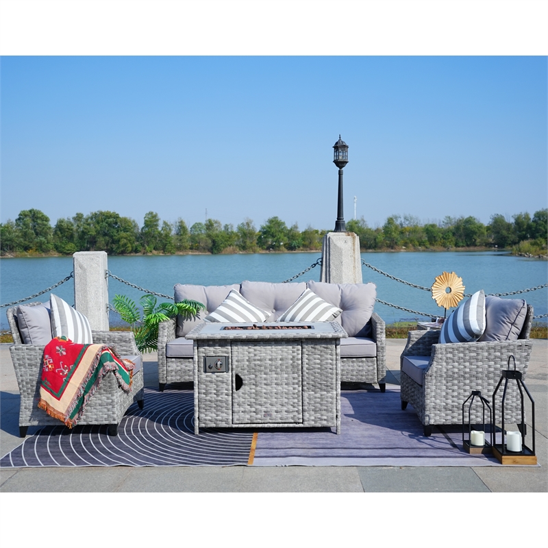 Direct Wicker 5-Piece Gray Rattan Patio Sofa Set Fire Pit Table with Cushions