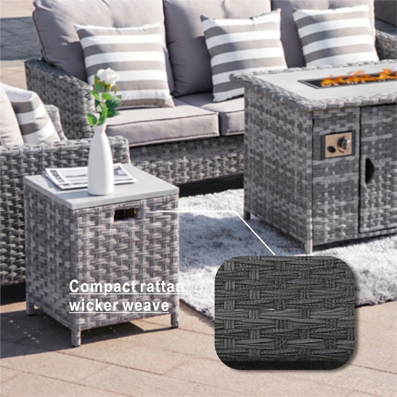 Direct Wicker 5-Piece Gray Rattan Patio Sofa Set Fire Pit Table with Cushions